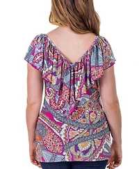 24seven Comfort Apparel Cap Sleeve Print Ruffle V Neck Top