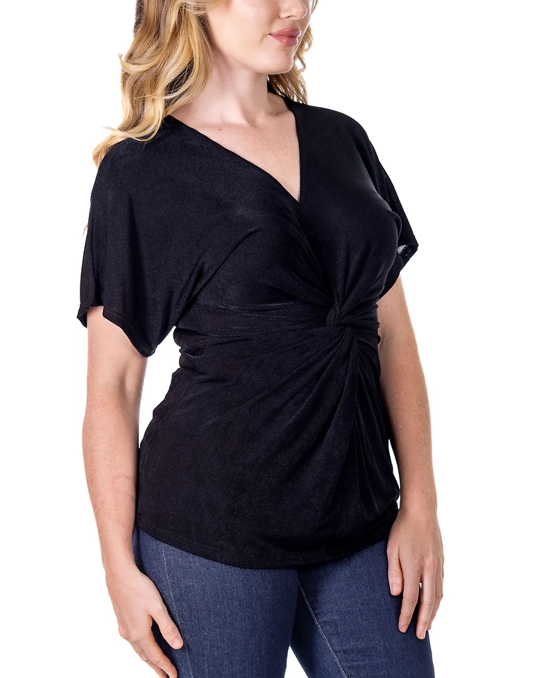 24seven Comfort Apparel V Neck Knot Front Kimono Sleeve Top