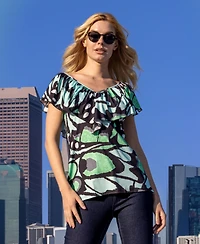 24seven Comfort Apparel Cap Sleeve Print Ruffle V Neck Top