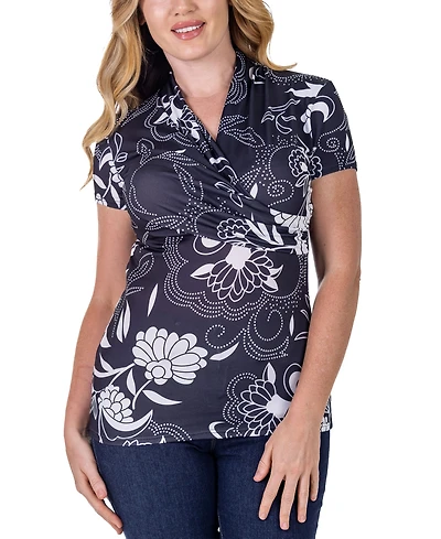 24seven Comfort Apparel Print Short Sleeve V Neck Wrap Top