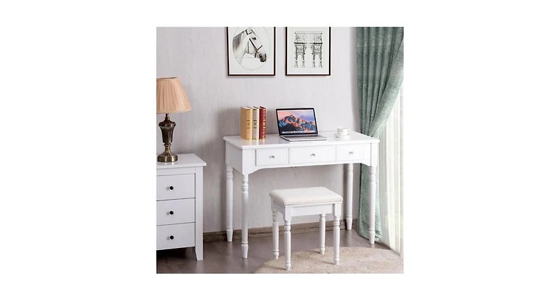 Slickblue Makeup Dressing Table with Tri-Folding Mirror and Cushioned Stool for Women