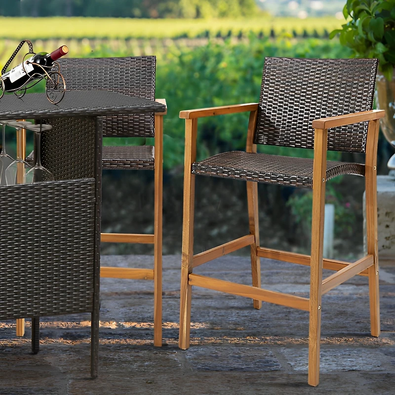 Sugift Set of 2 Pe Wicker Patio Bar Chairs with Acacia Wood Armrests