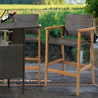 Sugift Set of 2 Pe Wicker Patio Bar Chairs with Acacia Wood Armrests