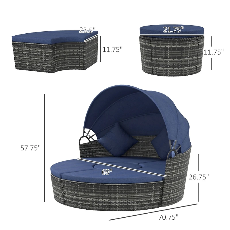 Outsunny Rat Daybed Patio Furniture Set w/ Adjustable Canopy, Dark