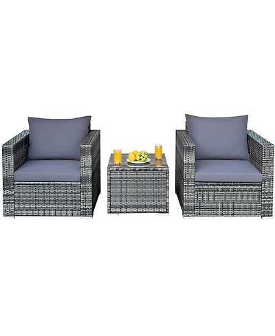 3 Pieces Patio Rattan Furniture Bistro Sofa Set with Cushioned