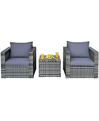 3 Pieces Patio Rattan Furniture Bistro Sofa Set with Cushioned