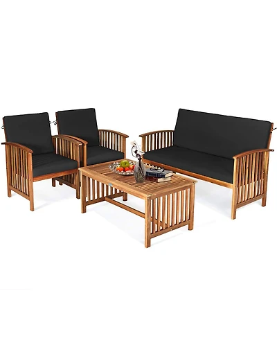 Sugift 4 Pieces Patio Solid Wood Furniture Set with Water Resistant Cushions