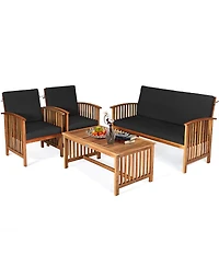 Sugift 4 Pieces Patio Solid Wood Furniture Set with Water Resistant Cushions