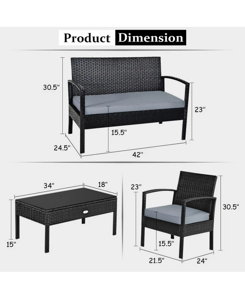 Sugift 4 Pieces Patio Rattan Cushioned Furniture Set with Loveseat and Table