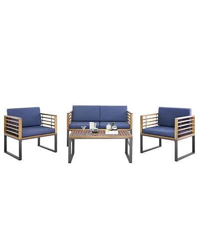 Sugift 4 Piece Patio Acacia Wood Conversation Set with Soft Seat
