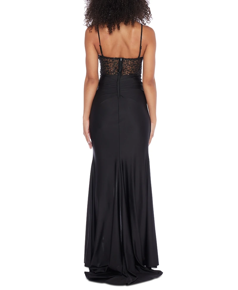 B Darlin Juniors' Strappy Sequinned-Lace Illusion-Corset Maxi Dress