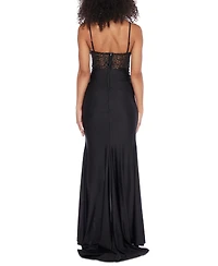 B Darlin Juniors' Strappy Sequinned-Lace Illusion-Corset Maxi Dress