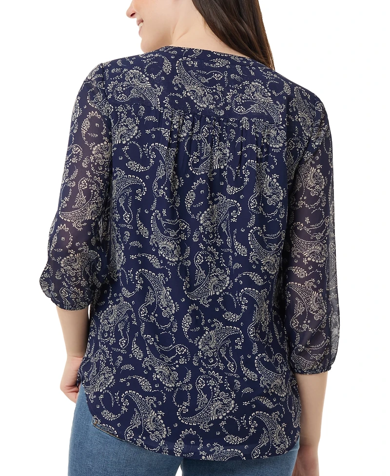 Jones New York Women's Kelly Printed Sheer-Sleeve Pleated Blouse