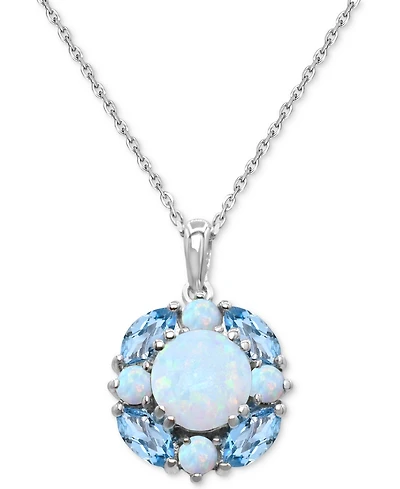 Lab Grown Opal (1-1/5 ct. t.w.) & Swiss Blue Topaz Cluster 18" Pendant Necklace Sterling Silver (Also Multi-Gemstone)