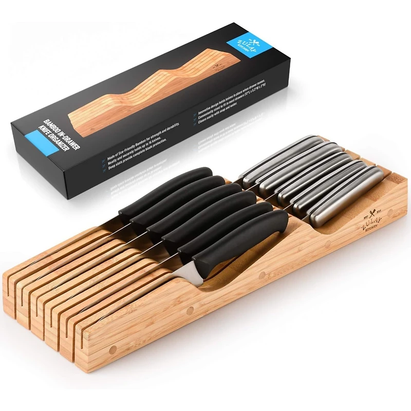 Zulay Kitchen Bamboo Knife Drawer Organizer Insert - Edge-Protecting Knife Organizer Block Holds Up To 11 Knives