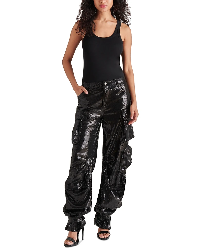 Steve Madden Women's Duo Sequin Relaxed Cargo Pants
