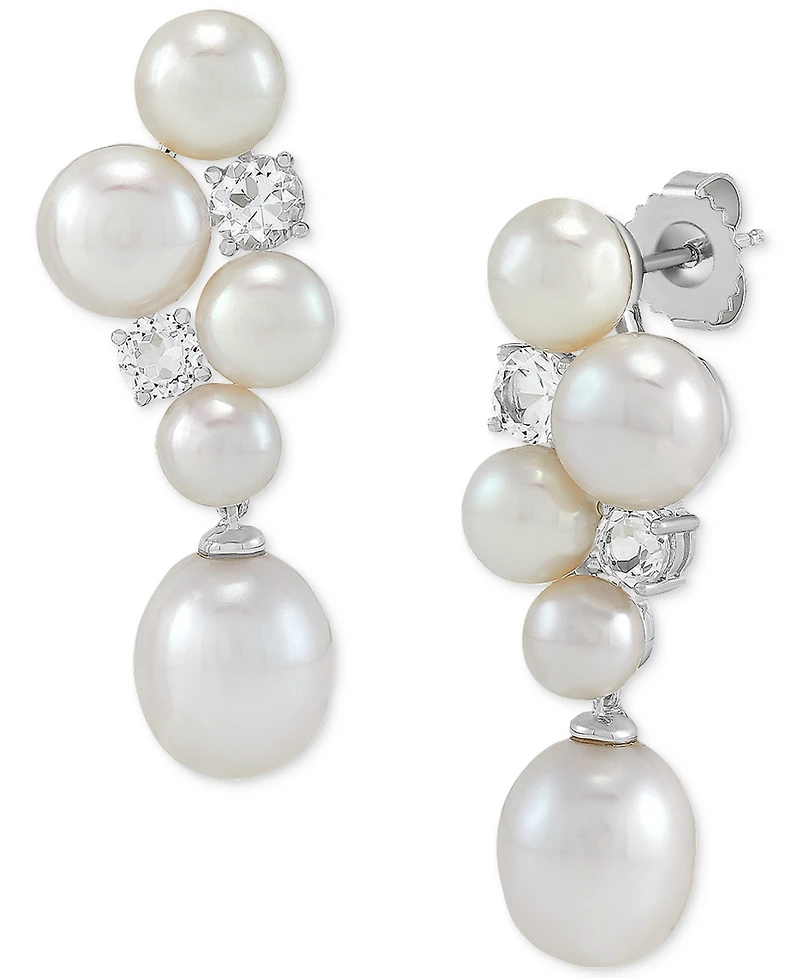 Arabella Freshwater Pearl (5-1/2-9-1/2mm) & Cubic Zirconia Cluster Drop Earrings in Sterling Silver