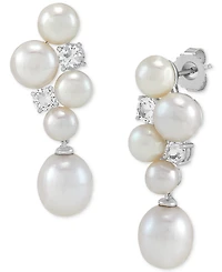 Arabella Freshwater Pearl (5-1/2-9-1/2mm) & Cubic Zirconia Cluster Drop Earrings in Sterling Silver