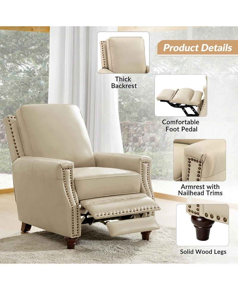 Bellino Modern Genuine Leather Recliner with Nailhead Trim