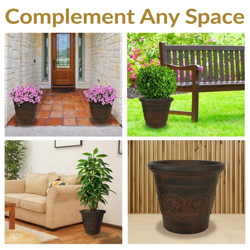 Indoor/Outdoor Patio, Garden, or Porch Weather-Resistant Double-Walled Arabella Flower Pot Planter - 16" - Rust Finish