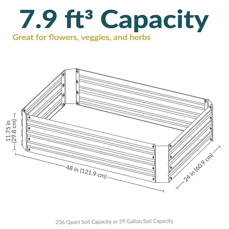 Raised Corrugated Galvanized Steel Rectangle Garden Bed for Plants, Vegetables, and Flowers - 48" L x 11.75" H