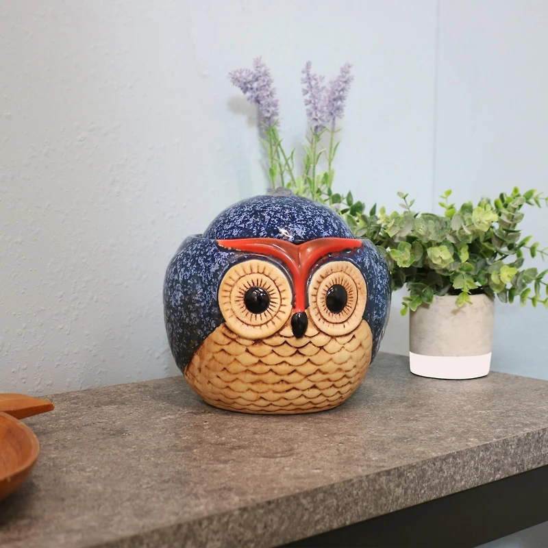 Indoor Home Office Decorative Smooth Glazed Ceramic Owl Tabletop Water Fountain Feature - 7"