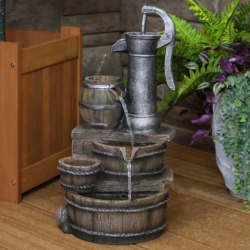 Sunnydaze Decor Cozy Farmhouse Pump and Barrels 23-Inch Outdoor Fountain with Led Lights - Polyresin - Electric Submersible Pump