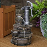 Sunnydaze Decor Cozy Farmhouse Pump and Barrels 23-Inch Outdoor Fountain with Led Lights - Polyresin - Electric Submersible Pump