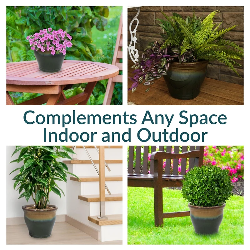 Large Ceramic Planter - Indoor or Outdoor Plant Pot with Drainage Holes - Forest Lake Green Glaze Finish - 15" - Studio