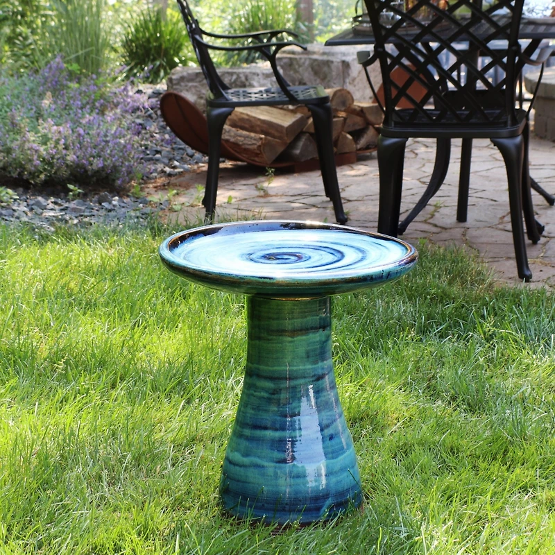 21" H Ceramic Bird Bath for Outside - Hand-Painted Outdoor Bird Bath Bowl, Uv/Frost-Resistant Finish - Galaxy Blue - Classic Pedestal