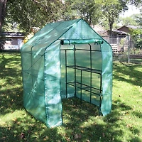 Portable Outdoor Grandeur Walk-In Greenhouse with 4 Steel Wire Shelves and Roll-Up Door - Green