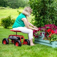 Outdoor Lawn and Garden Heavy-Duty Steel Rolling Gardening Cart with Adjustable Height Swivel Chair, Tool Tray, and Basket