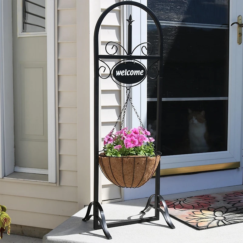 Sunnydaze Decor Hanging Basket Planter Stand with Decorative "Welcome" Sign - 48-Inch Tall