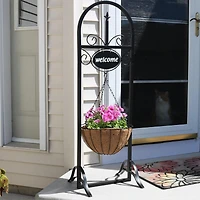 Sunnydaze Decor Hanging Basket Planter Stand with Decorative "Welcome" Sign - 48-Inch Tall