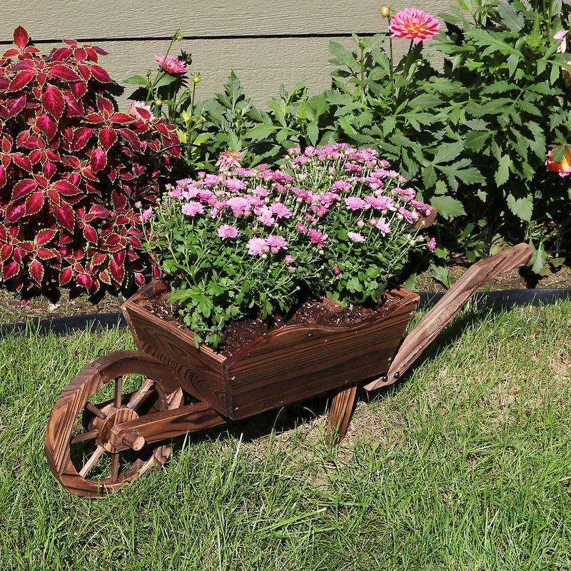Wooden Decorative Wheelbarrow Planter for Patio, Lawn and Garden - 35" W x 10.25" D x 12" H - Brown