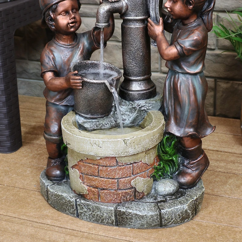 Sunnydaze Decor 24-Inch Jack and Jill at Farmhouse Pump Outdoor Water Fountain - Electric Submersible Pump with Adjustable Flow