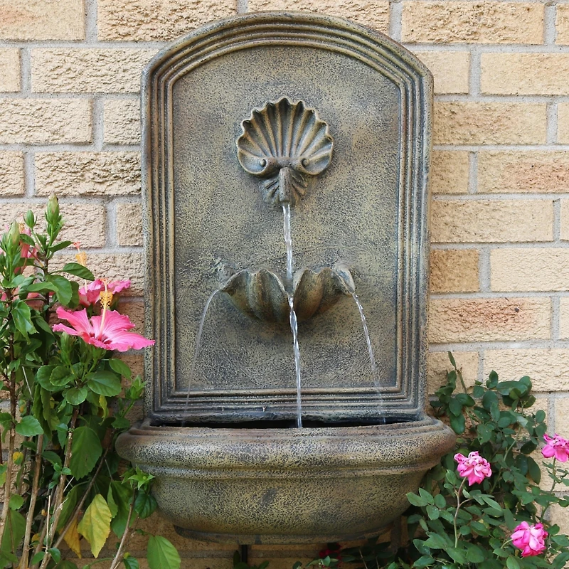 Seaside 27-Inch Polystone Wall-Mounted Solar Fountain - Submersible Pump - Florentine Stone Finish