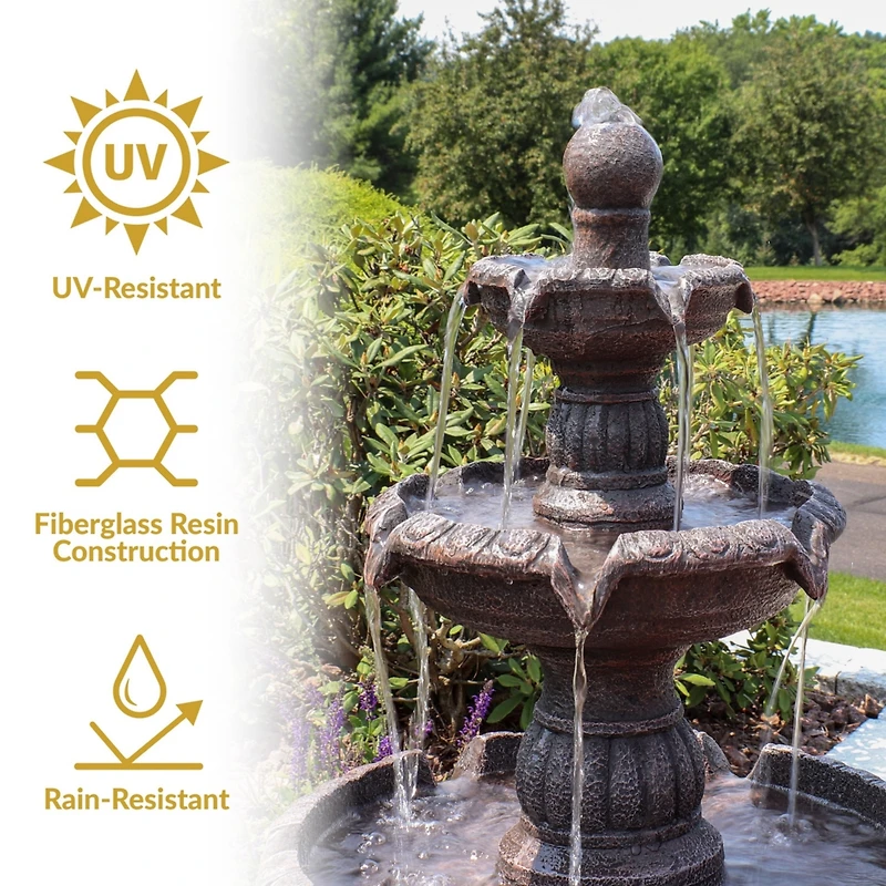 Mediterranean 49-Inch 4-Tiered Outdoor Water Fountain - Electric Submersible Pump - Fiberglass and Resin
