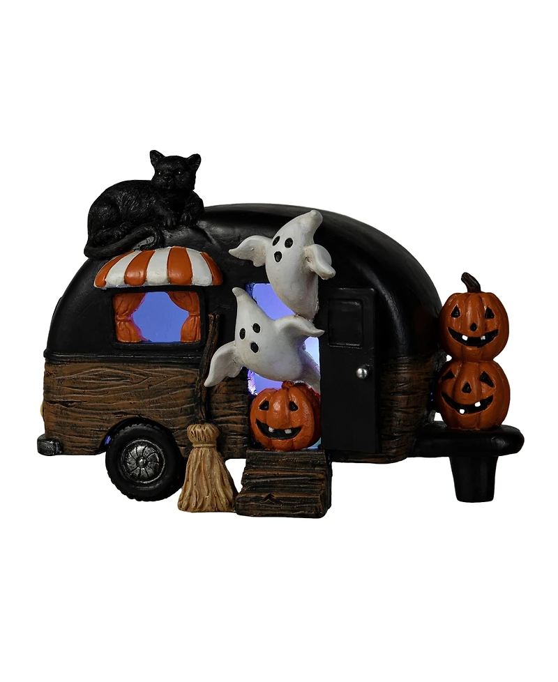Glitzhome 9.25''L Halloween Polyresin Lighted Camper W/Ghost Pumpkin Black Cat Table Decor