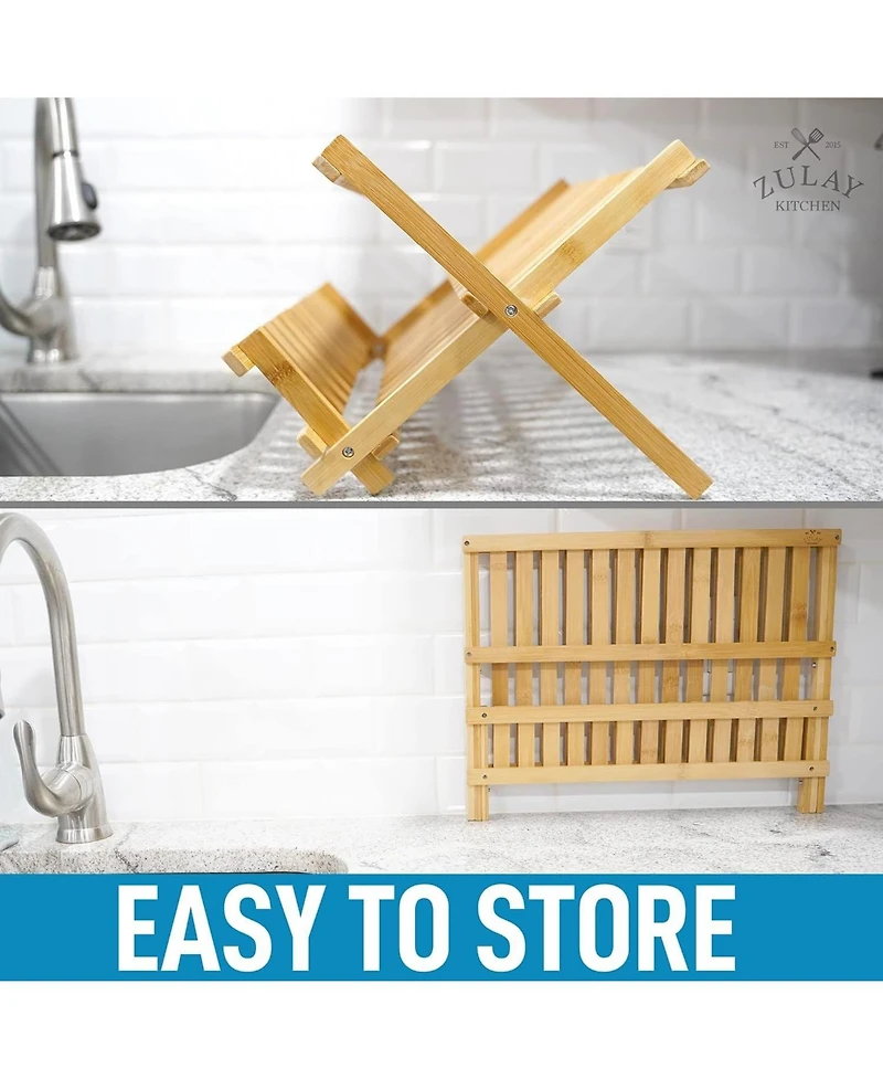 2-Tier Bamboo Collapsible Dish Drying Rack with Flatware Holder