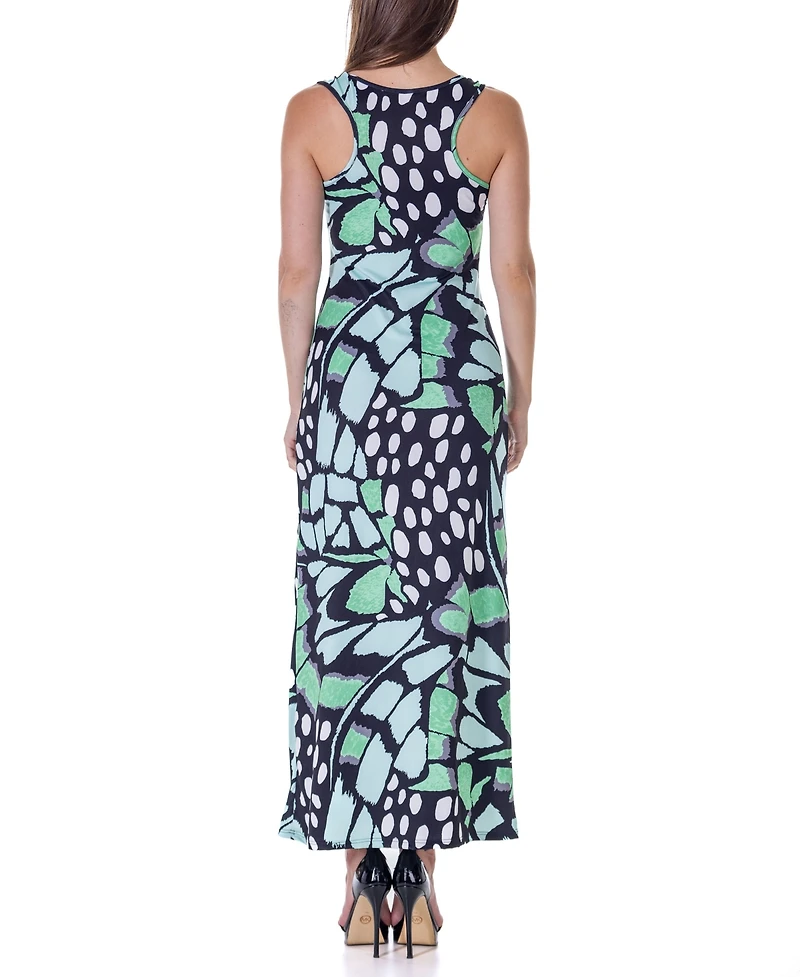 24seven Comfort Apparel Women's Green Butterfly Print Casual Razorback Tank Maxi Dress