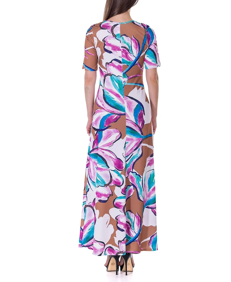 24seven Comfort Apparel Women's Print Elbow Sleeve Casual A Line Maxi Dress