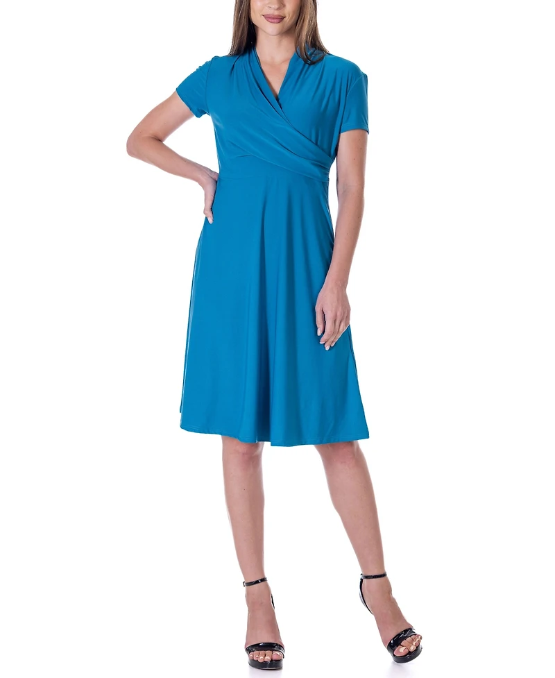 24seven Comfort Apparel Short Sleeve Knee Length V Neck Rouched Wrap Dress