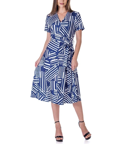 24seven Comfort Apparel Print Short Sleeve Tie Waist Midi Dress