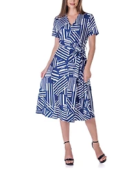24seven Comfort Apparel Print Short Sleeve Tie Waist Midi Dress