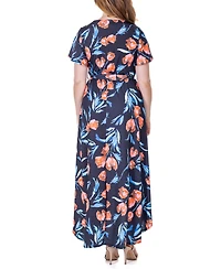 24seven Comfort Apparel Print V Neck Belted High Low Faux Wrap Dress
