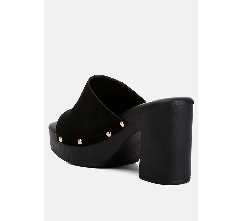 Cartera Suede High Block Heel Clogs Black