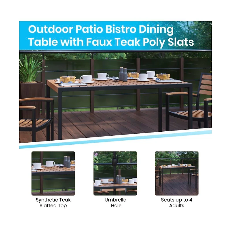 Outdoor Powder Coated Steel Dining Table With Faux Teak Poly Slat Top, 9' Patio Umbrella And Base