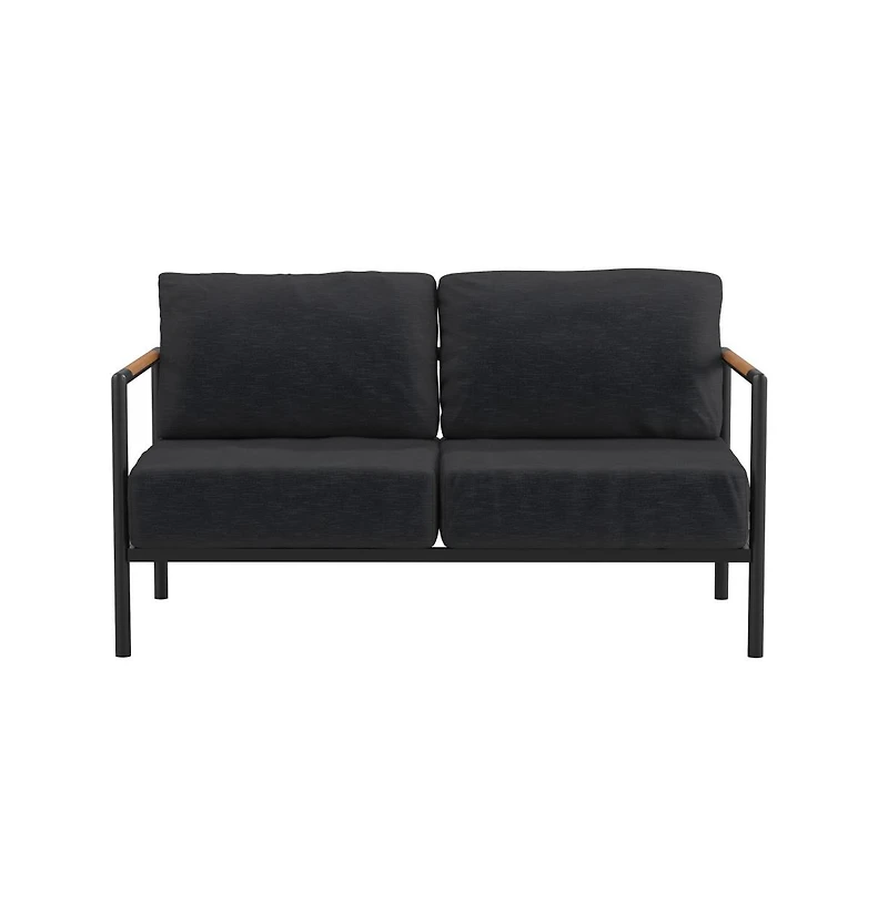 Eastport Outdoor Loveseat With Removable Plush Fabric Cushions And Teak Accented Aluminum Frame