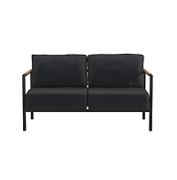 Eastport Outdoor Loveseat With Removable Plush Fabric Cushions And Teak Accented Aluminum Frame